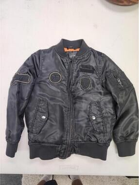 [344] Joe's Jeans Jacket Kids 6 Black Bomber Zip Front Patches Lined Winter